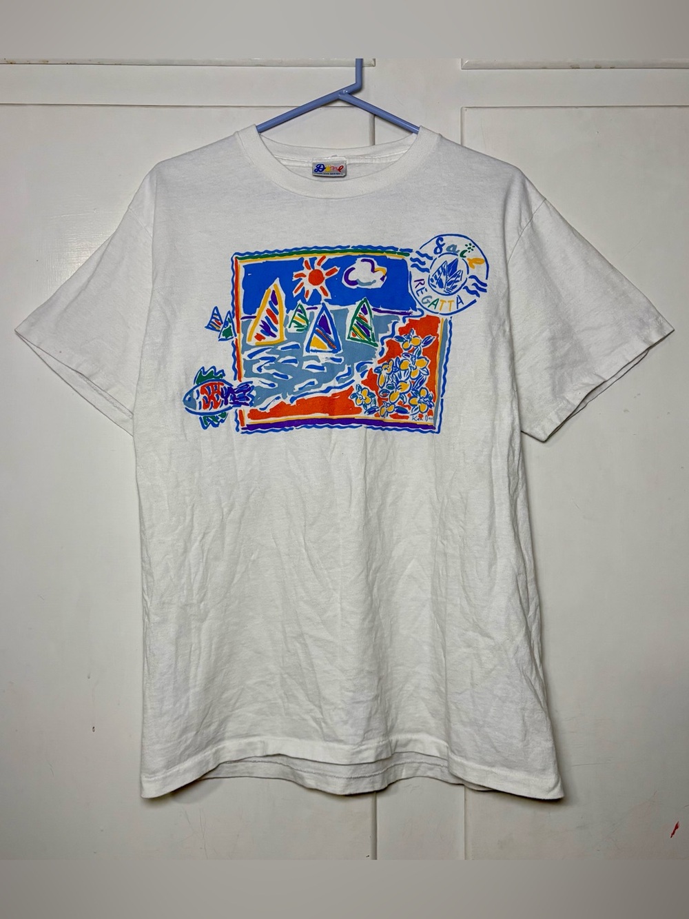 Vintage 80s/90s Ken Done Sail Regatta Colorful Sailboats Fish Graphic T Shirt